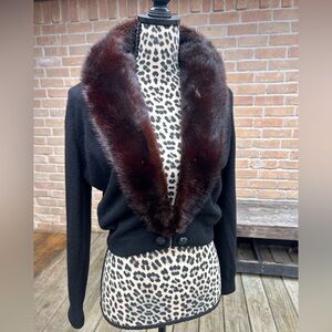 Vintage Bernard Altman Black Cashmere Cardigan Mink Collar Dress Sweater 50s